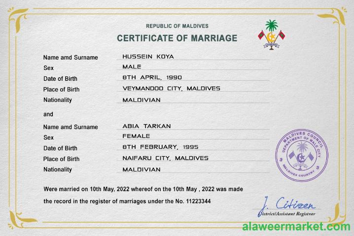 Maldives marriage certificate PSD template